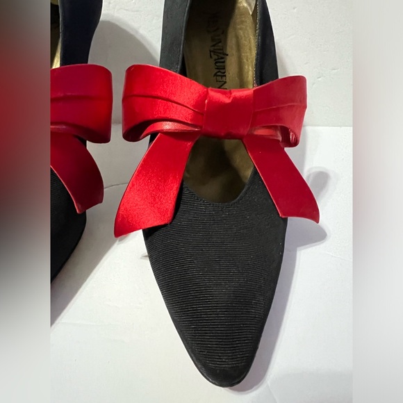 38 Yves Saint Laurent YSL Black Fabric /Leather Red Bow Pumps 8 •Vintage - Picture 5 of 15